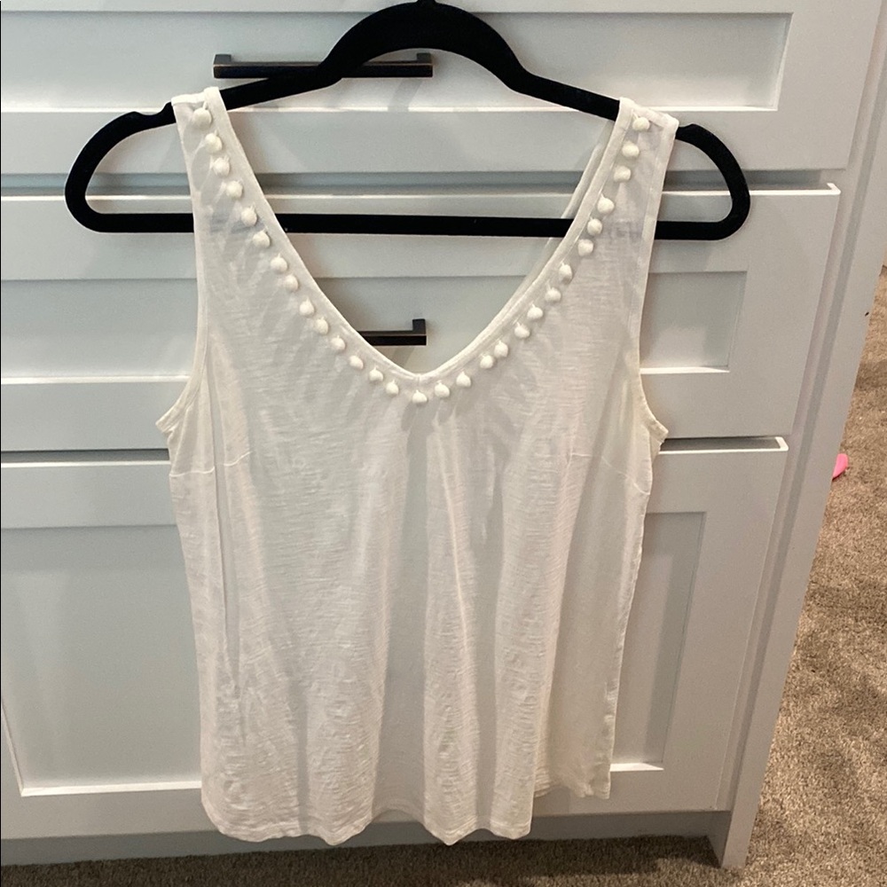 White Sleeveless Top with Pom Pom Detail
